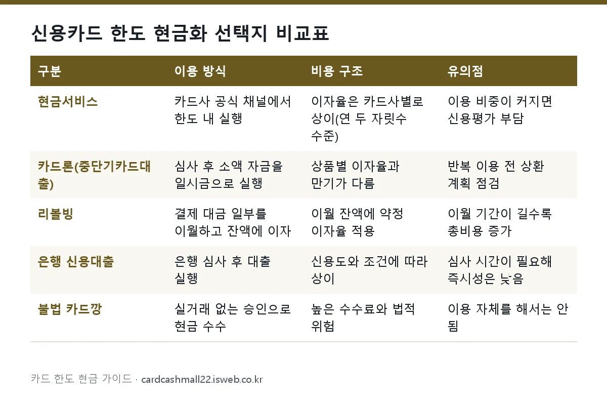 신용카드 한도 현금화 선택지 비교표 표