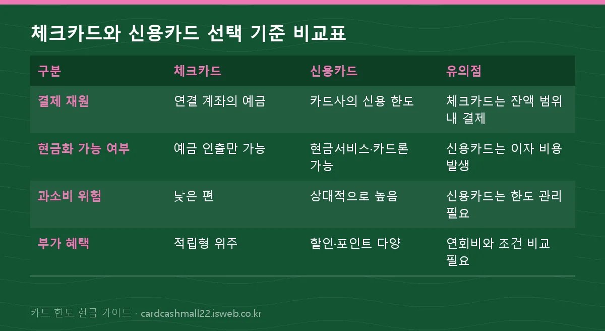 체크카드와 신용카드 선택 기준 비교표 표