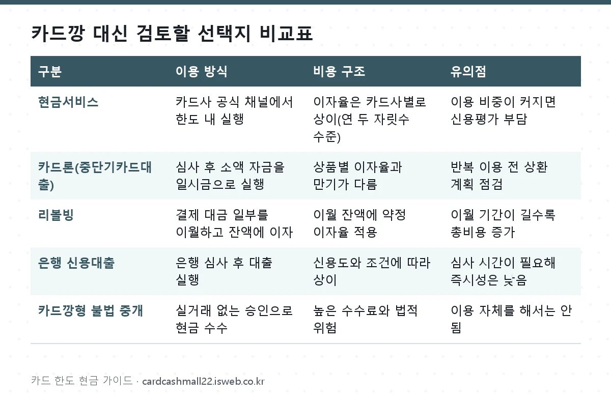카드깡 대신 검토할 선택지 비교표 표