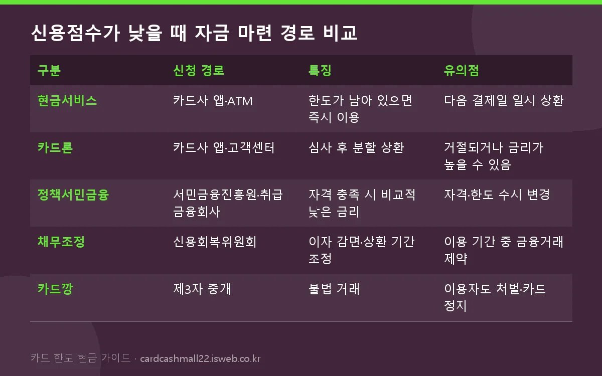 신용점수가 낮을 때 자금 마련 경로 비교 표를 그림으로 정리한 이미지