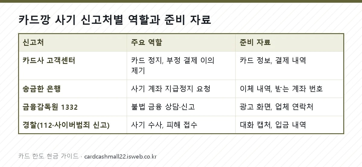 카드깡 사기 신고처별 역할과 준비 자료 표를 그림으로 정리한 이미지