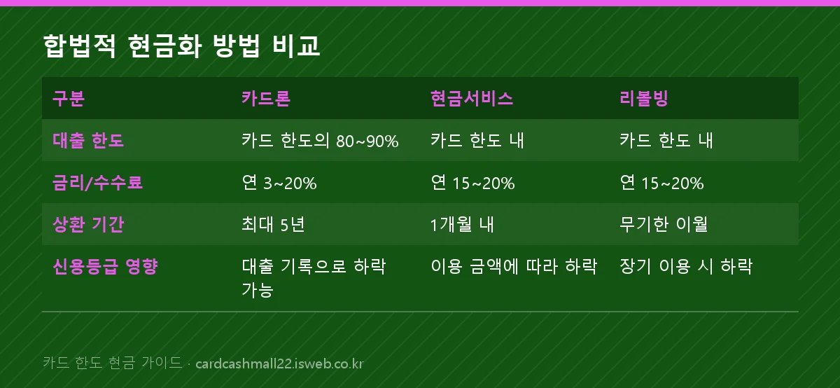합법적 현금화 방법 비교 표