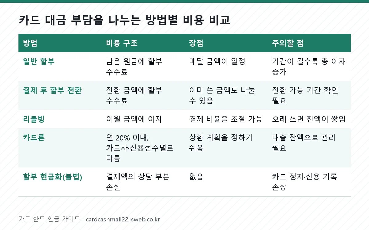 카드 대금 부담을 나누는 방법별 비용 비교 표를 그림으로 정리한 이미지