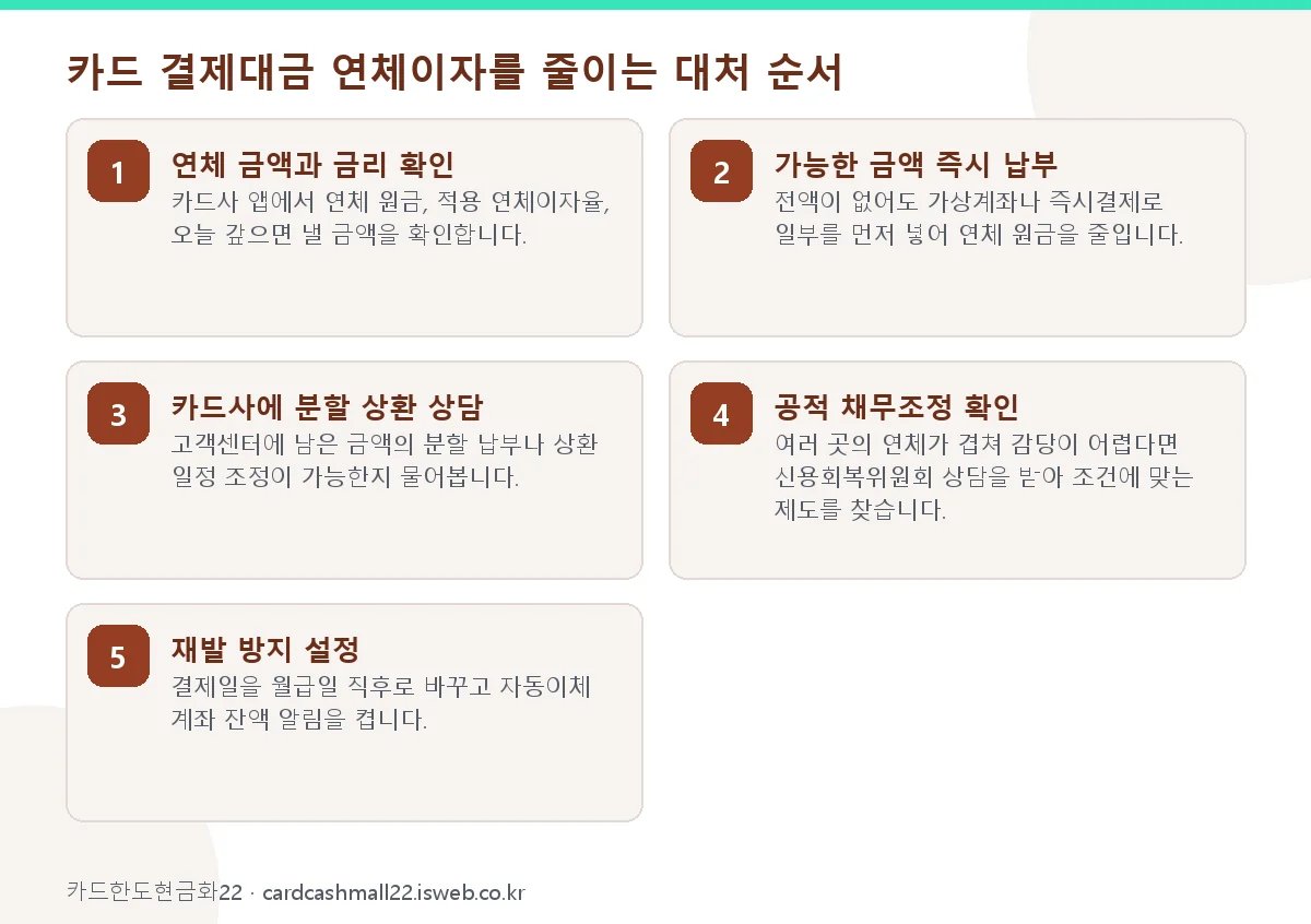 카드 결제대금 연체이자를 줄이는 대처 순서 단계를 순서대로 정리한 그림