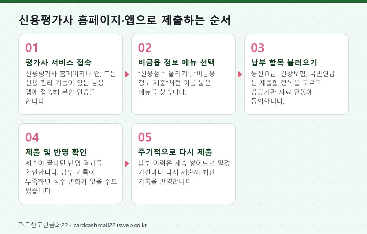 신용평가사 홈페이지·앱으로 제출하는 순서 단계를 순서대로 정리한 그림