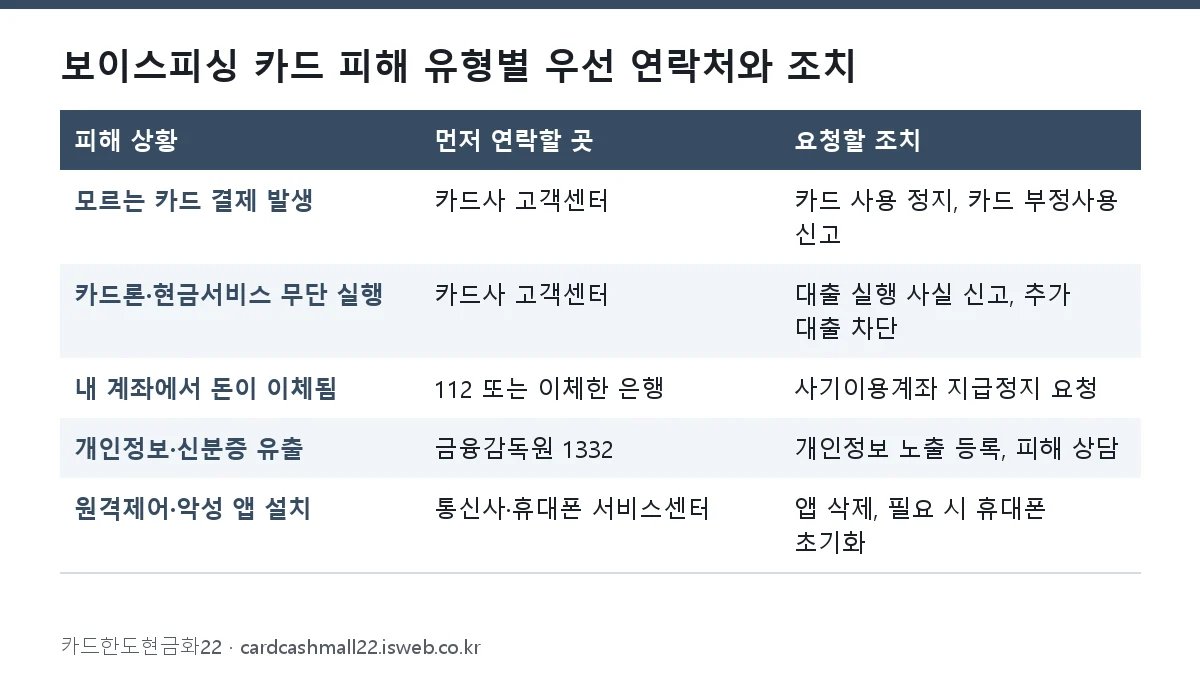 보이스피싱 카드 피해 유형별 우선 연락처와 조치 표를 그림으로 정리한 이미지